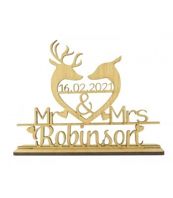 Laser Cut Oak Veneer Personalised 'Mr & Mrs' Wedding Sign on a stand - Deer & Stag Head Heart Design